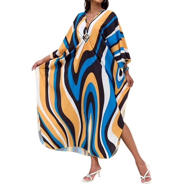 Wo-Fusoul Robe Longue Imprimée pour Femmes, Robe de Plage à Col en V, Tenue de Plage Grande Taille, Kimono Floral