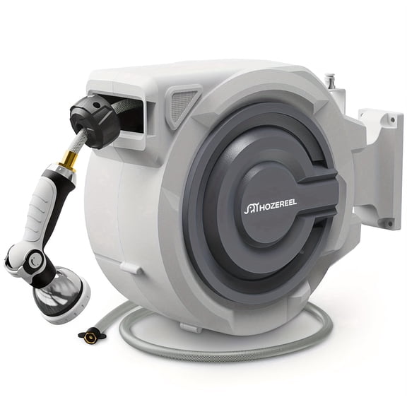 HOZEREEL 72-Ft x 1/2" Retractable Garden Hose Reel, Decorative Outdoor Garden Hose Reel—Automatic Retractable Wall-Mounted Hose Reel with Enclosed Storage, Lockable at Any Length, 10-Type Nozzle