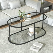 Coffee Table Black Glass Coffee Table for Living Room,2 Tiers Oval Center Table with Sturdy Metal Frame,Modern Tempered Glass Accent Table for Bedroom Home Office