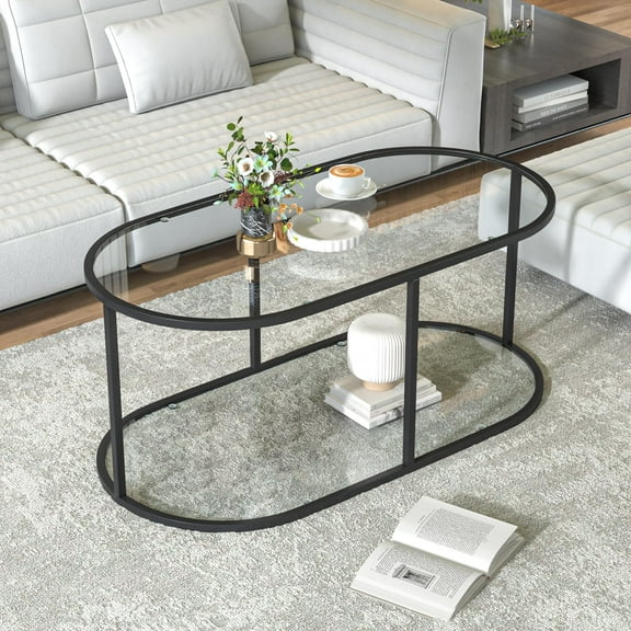 Coffee Table Black Glass Coffee Table for Living Room,2 Tiers Oval Center Table with Sturdy Metal Frame,Modern Tempered Glass Accent Table for Bedroom Home Office