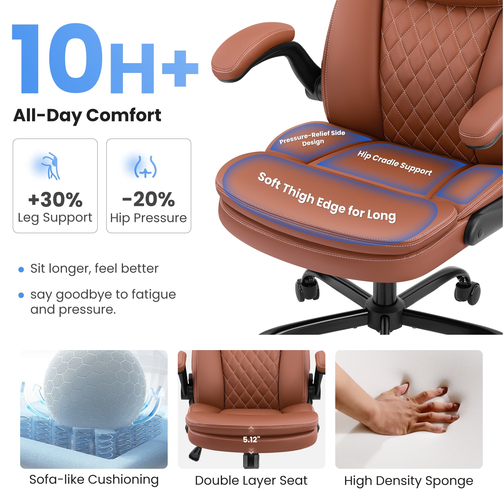COOLHUT 400LBS Big and Tall Office Chair, Executive PU Leather Desk Chair Thick Seat Cushion and Neckrest, Support 8 Hours Heavy Duty Design, 8-Years Warranty, Brown