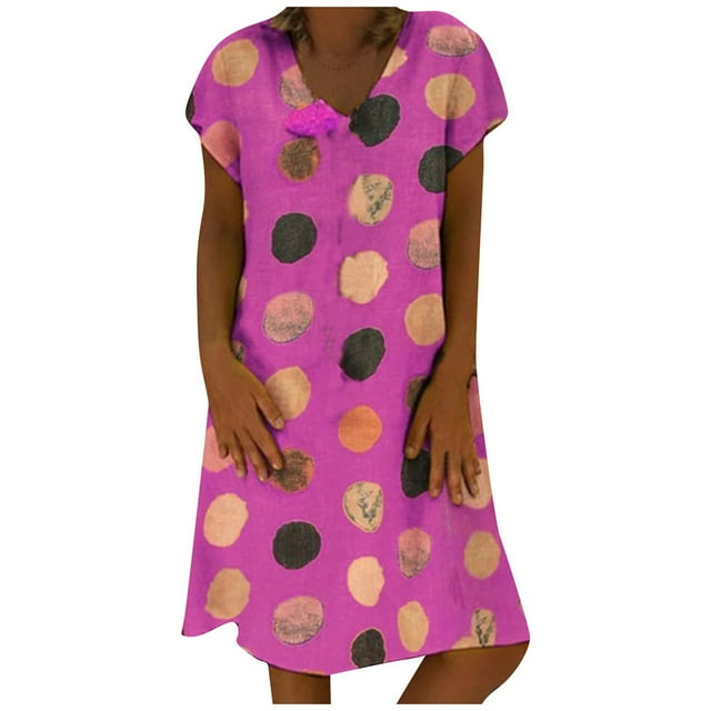 Fridja Robe d'Été pour Femme Vintage Ample à Col en V Imprimée à Manches Courtes Longueur Genou Robe Midi