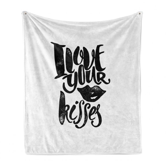 Romantic Soft Flannel Fleece Blanket, I Love Your Kisses Grungy Looking Phrase with Smiling Woman Black Lipstick Mark, Cozy Plush for Indoor and Outdoor Use, 50" x 70", Black White, by Ambesonne