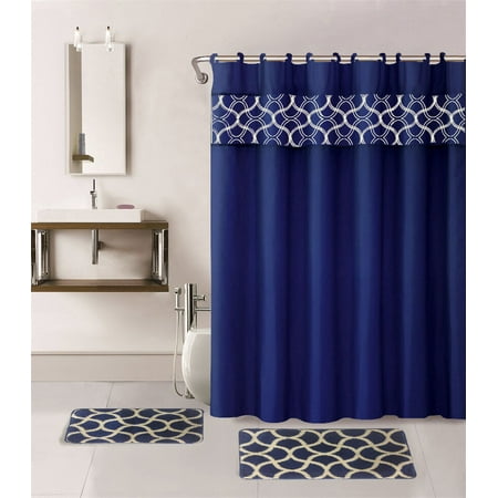 15-PC Geometric Navy Blue HIGH QUALITY Jacquard Bathroom Bath Mat Set, Washable Anti Slip Large Rug 18"x30", Small Rug 18"x24" with Non-Skid Rubber Back, Shower Curtain and 12 Round Shower Hooks