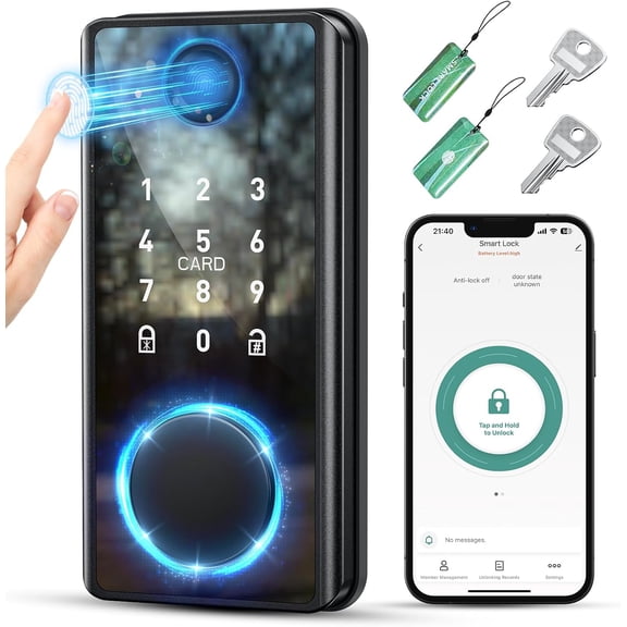 Fingerprint Smart Deadbolt Lock, 5-in-1 Keyless Entry Door Lock with App Control, Passcode, IC Card & Key, Auto Lock for Front Door