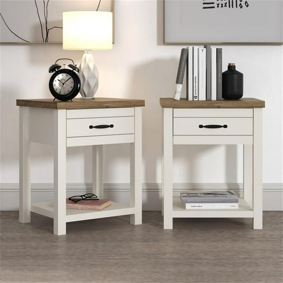 Maklaine Wood Nightstand with 1 Drawer and Shelf Set of 2 Ivory