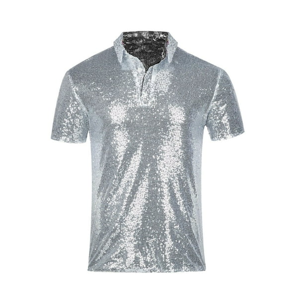 Playera Elvqul de Hombre de Color Sólido Plata de Plata Manga Corta Playa Solapa