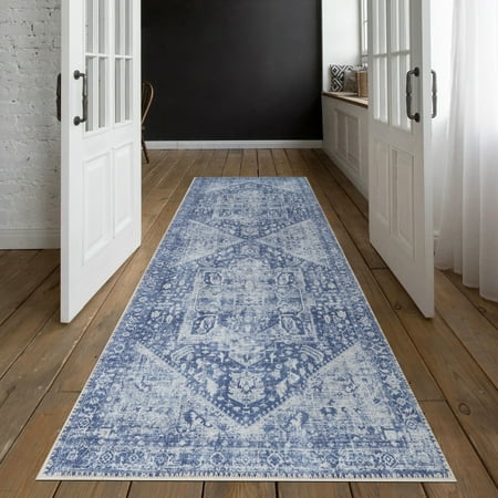 Adiva Rugs Machine Washable Area Rug with Non Slip Backing for Living Room Bedroom Bathroom Kitchen Printed Persian Vintage Home Decor Floor Decoration Carpet Mat (BLUE 2 6 x 6 6 )