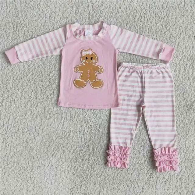 Conjunto de ropa de dormir con bordado de Papá Noel para niños, conjunto de manga larga, pantalones a rayas, pijamas para niños pequeños, venta al por mayor