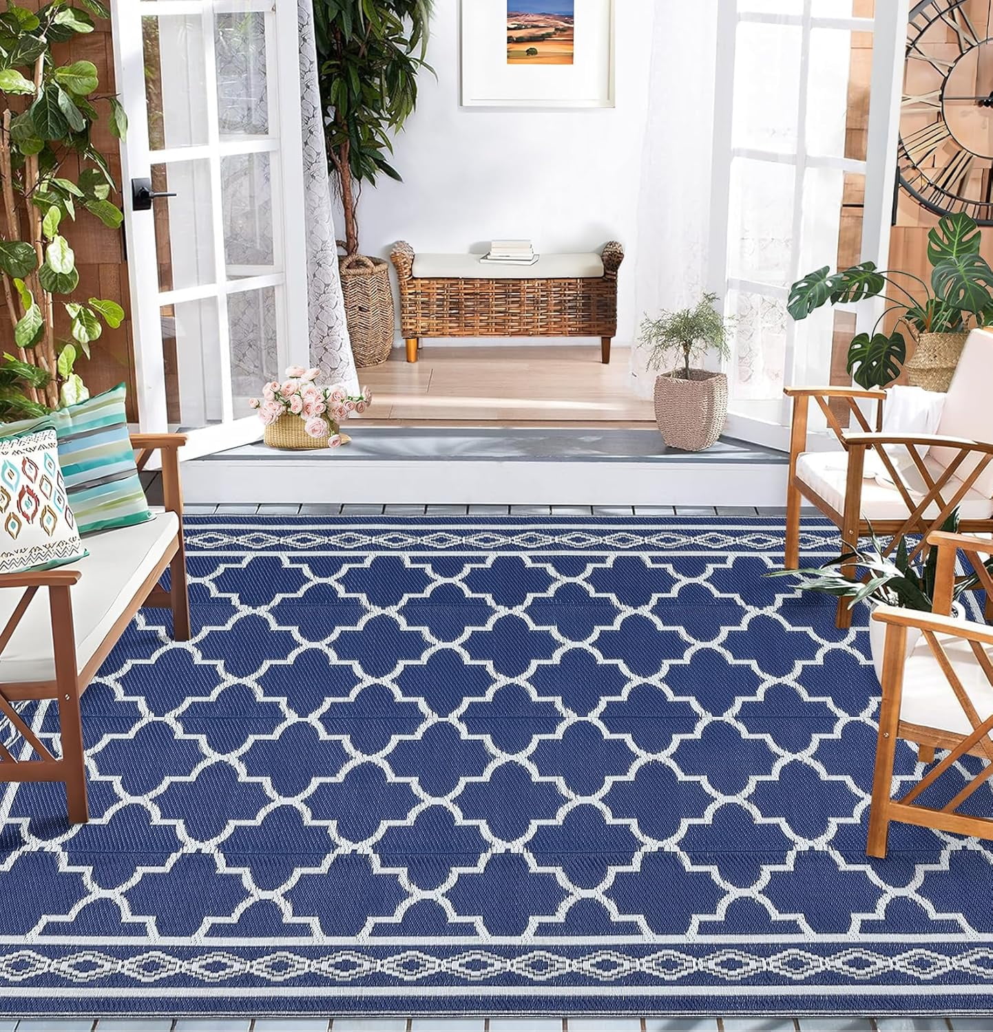 Memoryfield Waterproof Outdoor Rug 8x10ft for Patios, Plastic Straw Rug Outside Carpet Mats for Picnic, Backyard, Deck, Balcony, Porch, Beach, Dark Blue & White