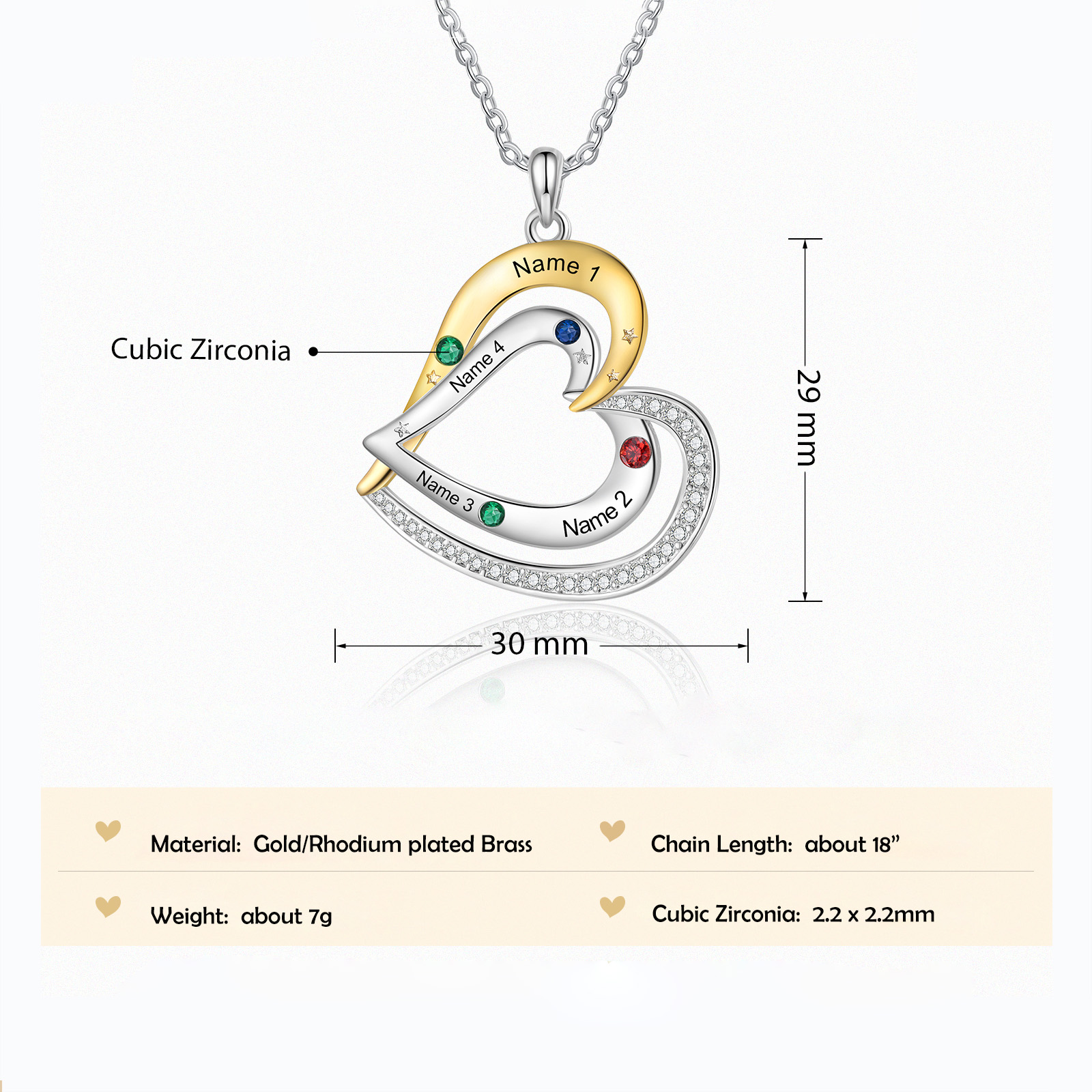 Mementos Personalized  Brass Family Necklace for Women (Mother) with 4 Birthstones and Names