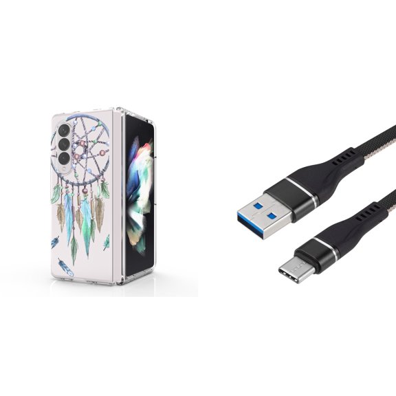 Accessory Bundle for Galaxy Z Fold 4: Slim Snap-On Case (Teal Mint Dreamcatcher), Nylon Braided USB-C to USB-A Cable (3 Feet)