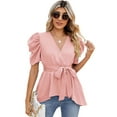 thumbnail image 2 of Yesfashion Women Dressy Deep V Neck Belted Tie Peplum Tops Empire Waist Wrap Blouse Puff Short Sleeve Shirt, 2 of 5