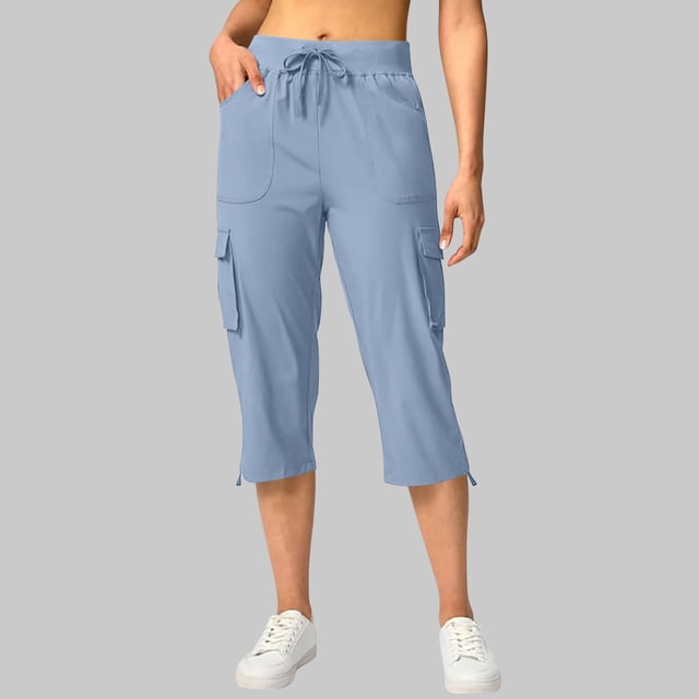 TaTaai Women's Elastic Waist Cargo Pants 7/8 Length Straight Leg Casual Trousers with Multiple Pockets Solid Color for Utility Work and Outdoor Casual Wear Gift