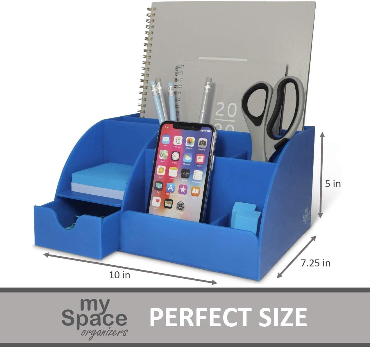 My Space Organizers 9-Compartment Desktop Organizer & Pencil Holder with Accessories, Blue