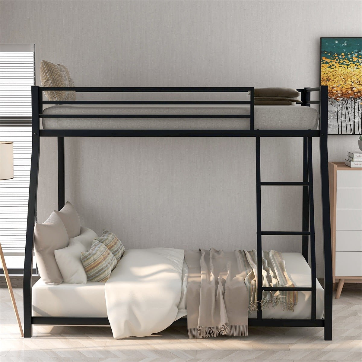 ModernLuxe Twin over Full Metal Low Bunk Bed with Ladders ...