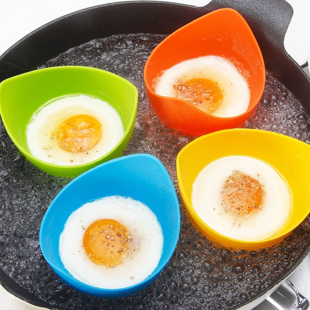 Juego de 4 escalfadores de huevos de silicona, tazas para escalfar huevos con soportes de anillo, hueveras escalfadas para microondas, freidora de aire, estufa, cocina de huevos