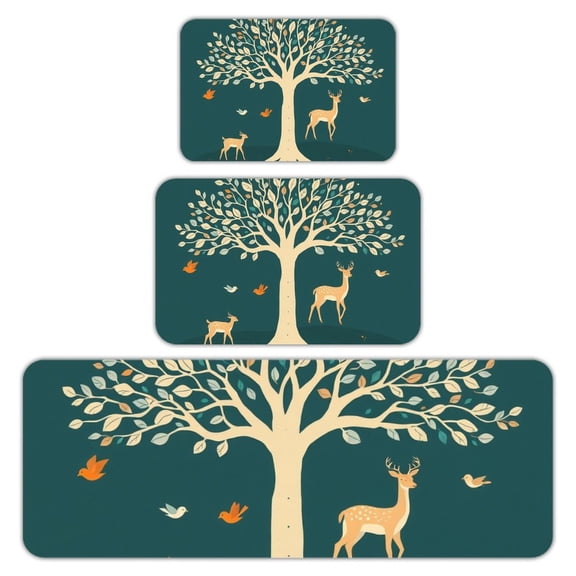 RKSupls Kitchen Rug Set 3 Piece Anti-Slip Flannel Floor Mats, Deer Tree Forest Washable Absorbent Runner Mats for Kitchen Bathroom Home Decor