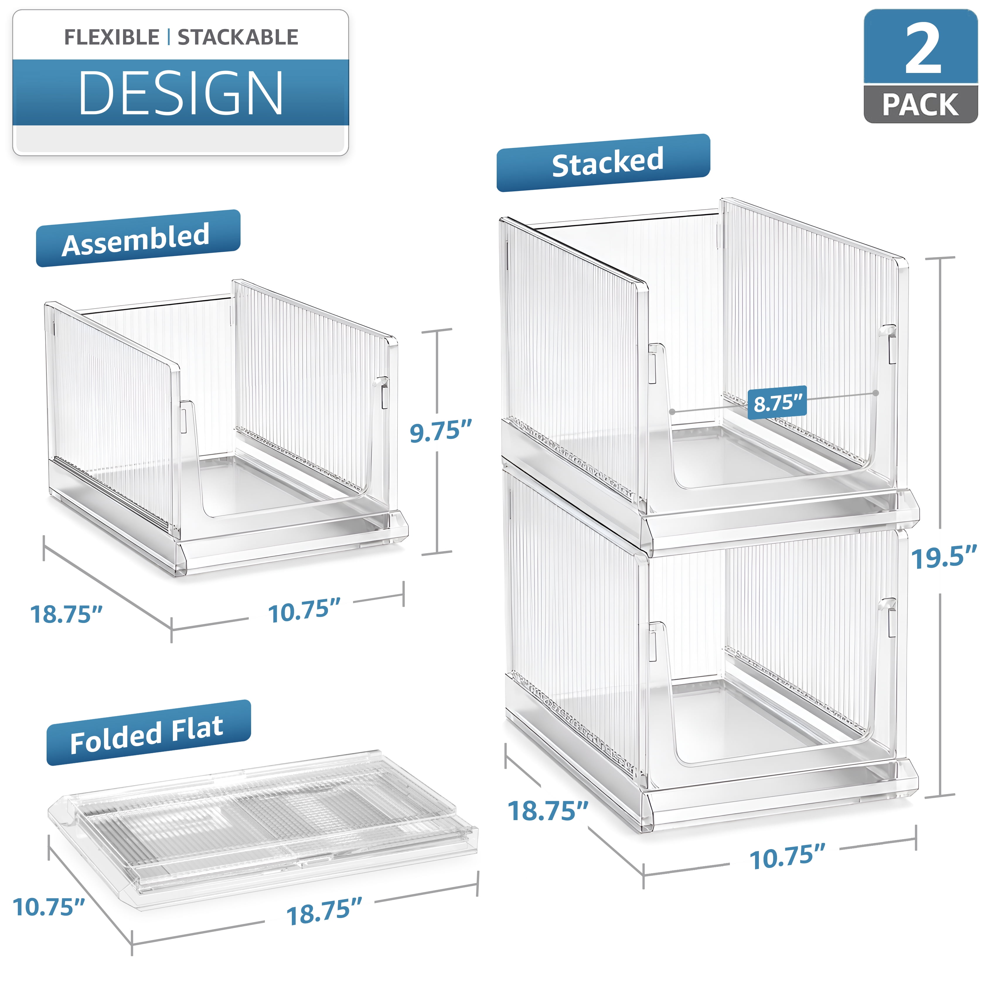 Sorbus Stackable Clear Storage Bins, Extra Large Foldable Closet Organizers, 2 Pack