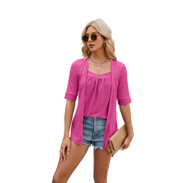 Blusa Tipo Túnica de Dos Piezas con Cuello Cuadrado, Botones de Patchwork, 3/4, Color Rosa y Rojo XXL