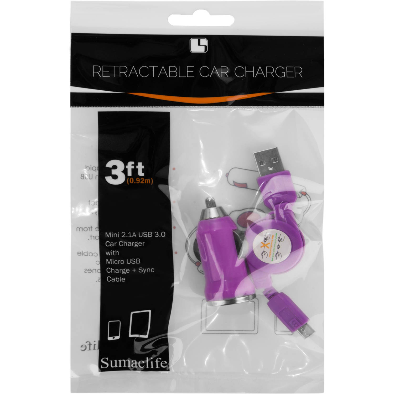 Universal Retractable 2.1A mini USB Car 3 Feet Charger Cable with Micro USB compatible with all Tablet and Android Devices with Micro USB Access