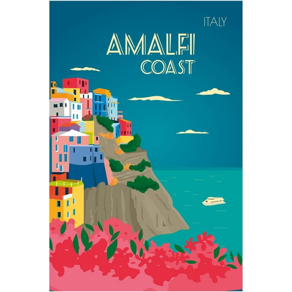 EzPosterPrints - Retro World Famous City Posters - Decorative, Vintage, Retro, Grunge Travel Poster Printing - Wall Art Print for Home Office - AMALFI COAST, ITALY - 12X18 inches