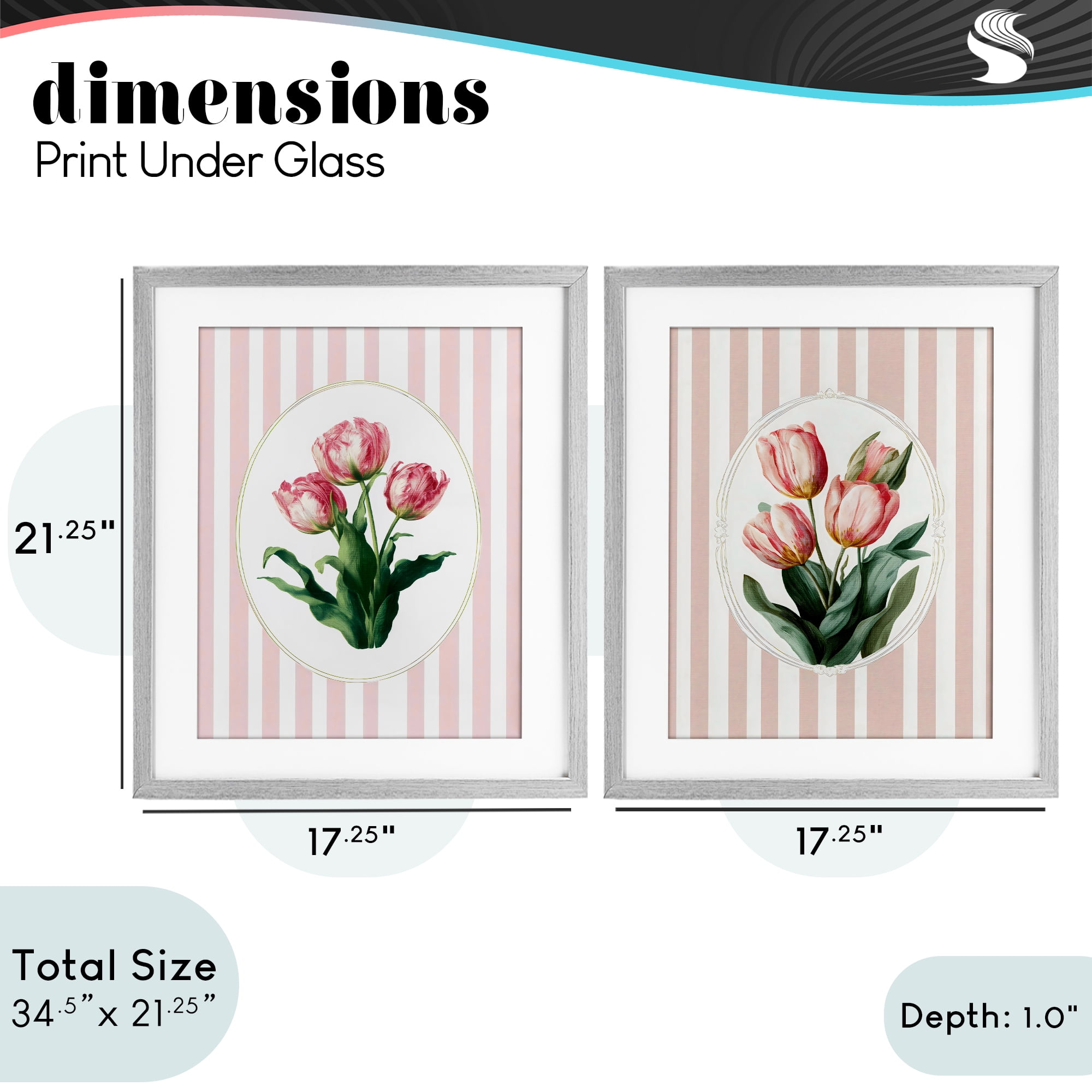 Stupell Industries Blush Tulips on Stripes 2 Piece Gray Framed Print Under Glass Set, design by Ink Drop Loft