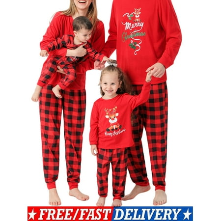 

Family Matching Christmas Pajamas Sets Letters Printed Pattern Long Sleeve Tops and Red Plaid Pants Pjs