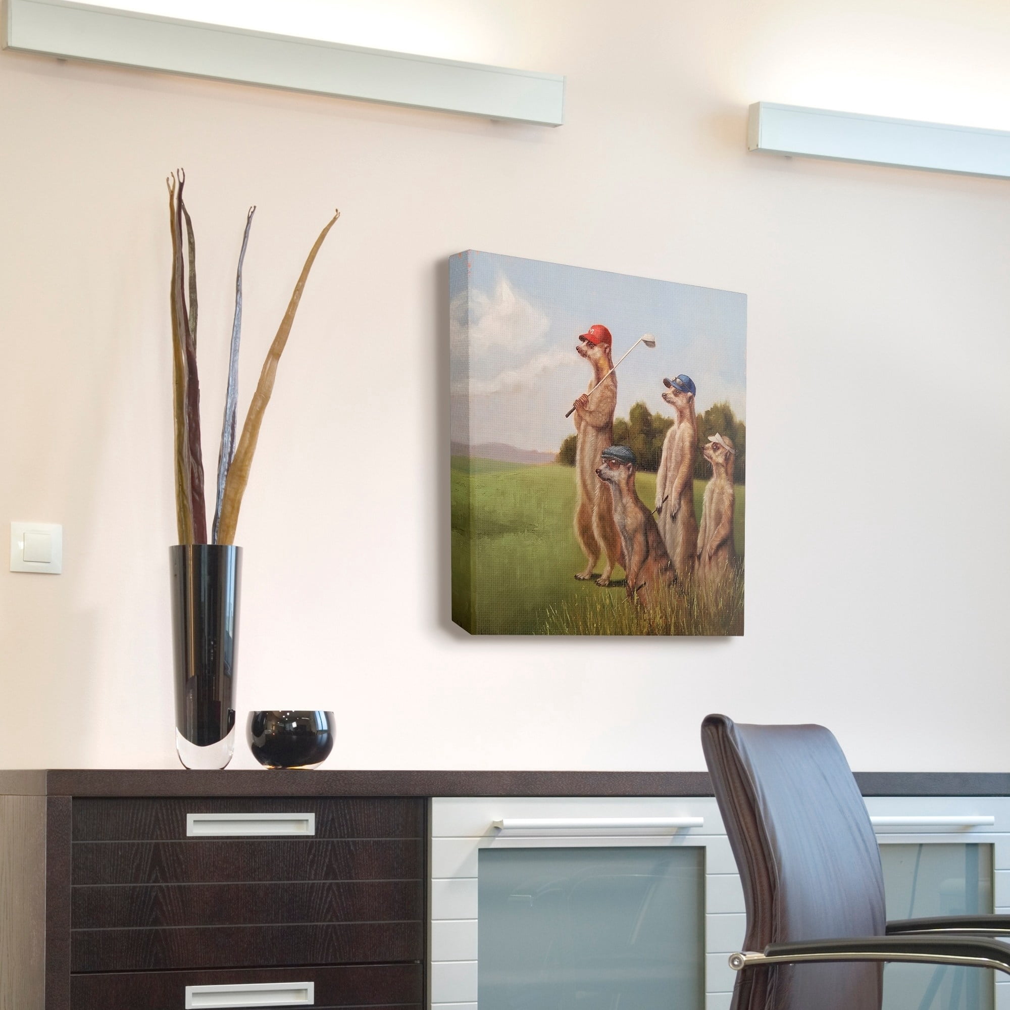 The Stupell Home Decor Collection Meerkats Playing Golf in Hats and Sunglasses Painting Stretched Canvas Wall Art, 24 x 24