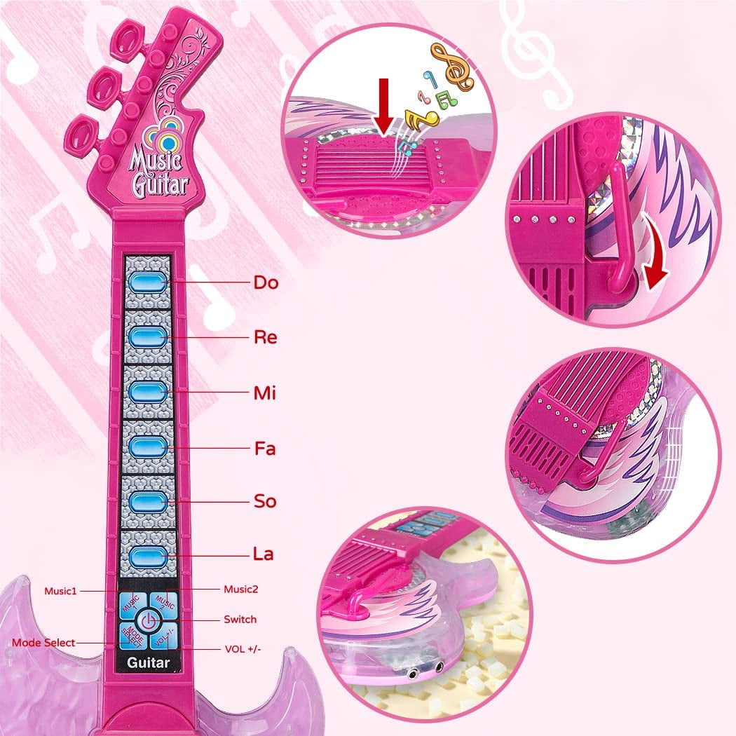 Hinzonek  kid Electric Guitar Kit with Microphone,Guitar Toys with Music&Colorful Light,Adjustable Height Microphone with Stand,Karaoke Toys Gift for Boy,Girls,Toddlers