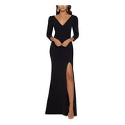 Betsy & Adam Womens Petites V Neck Leg Slit Formal Dress Black 4P