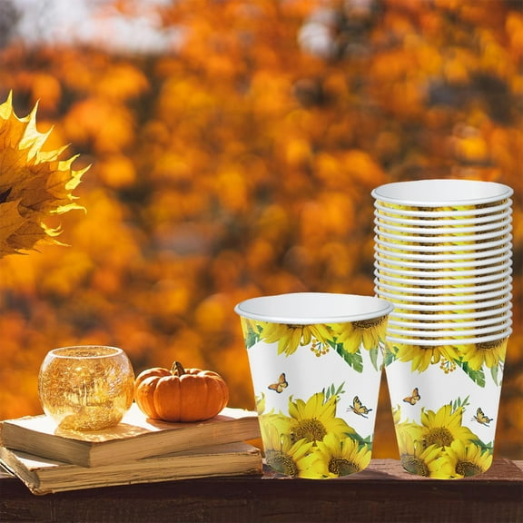 Fall Danhjin Fall Cups, Fall Coffee Cups Disposable, 16PCS Fall Themed Paper Cups with Sunflower Patterns for Thanksgiving Party Halloween Coffee Hot Chocolate, Holiday Party Supplies