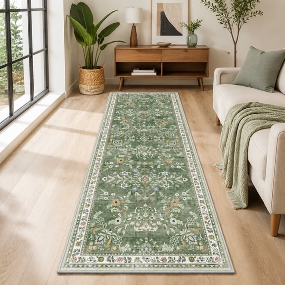 3.9'x1.3' Boho Runner Rug, Low Pile Faux Wool Distressed Carpet for Kitchen, Laundry, Bedroom, Entrance,Green