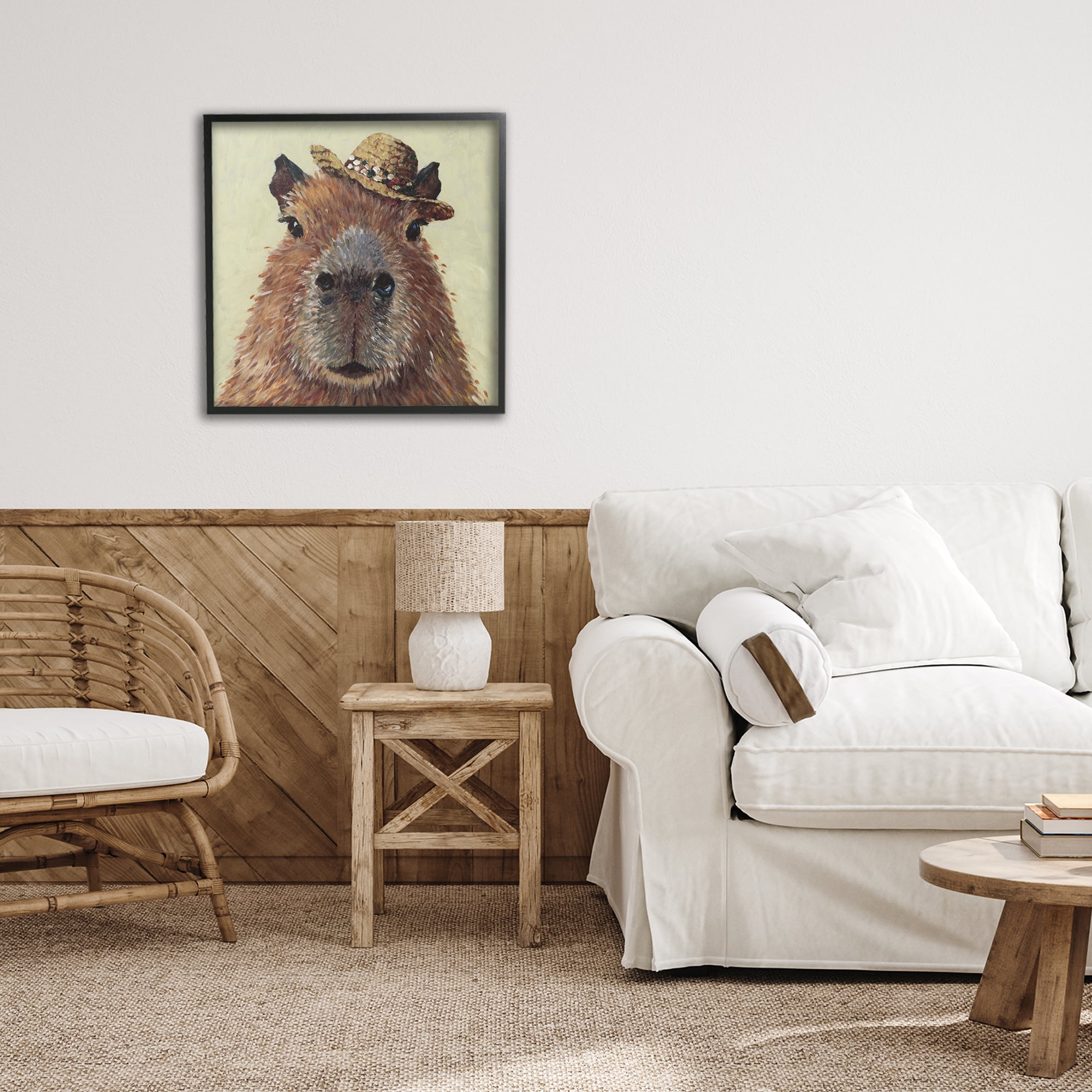Stupell Industries Capybara with Straw Hat Black Framed Giclee Art, design by Studio Bautista