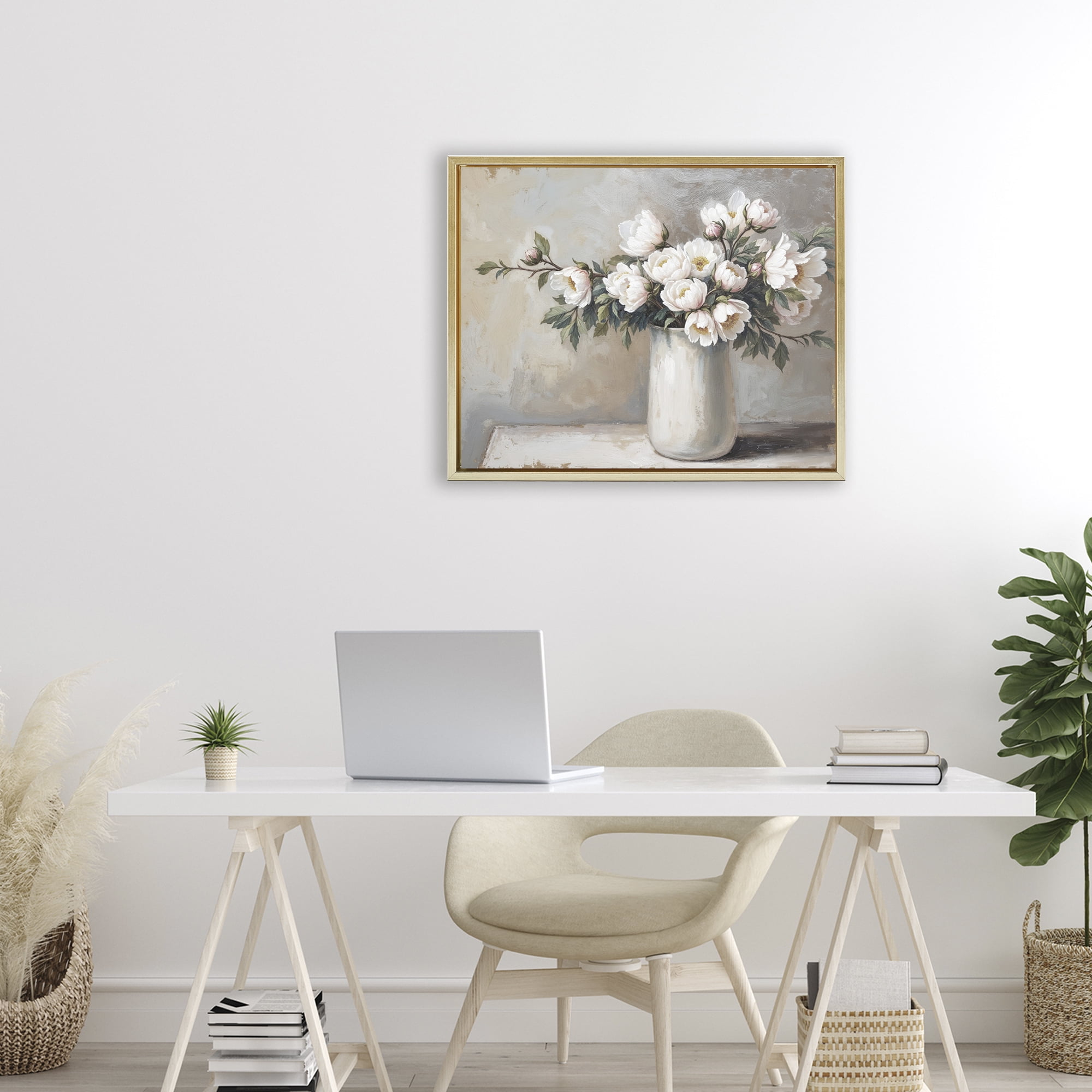 White Flowers in Vase Still Life Gold Framed Floater Canvas Wall Art, design by Lettered and Lined