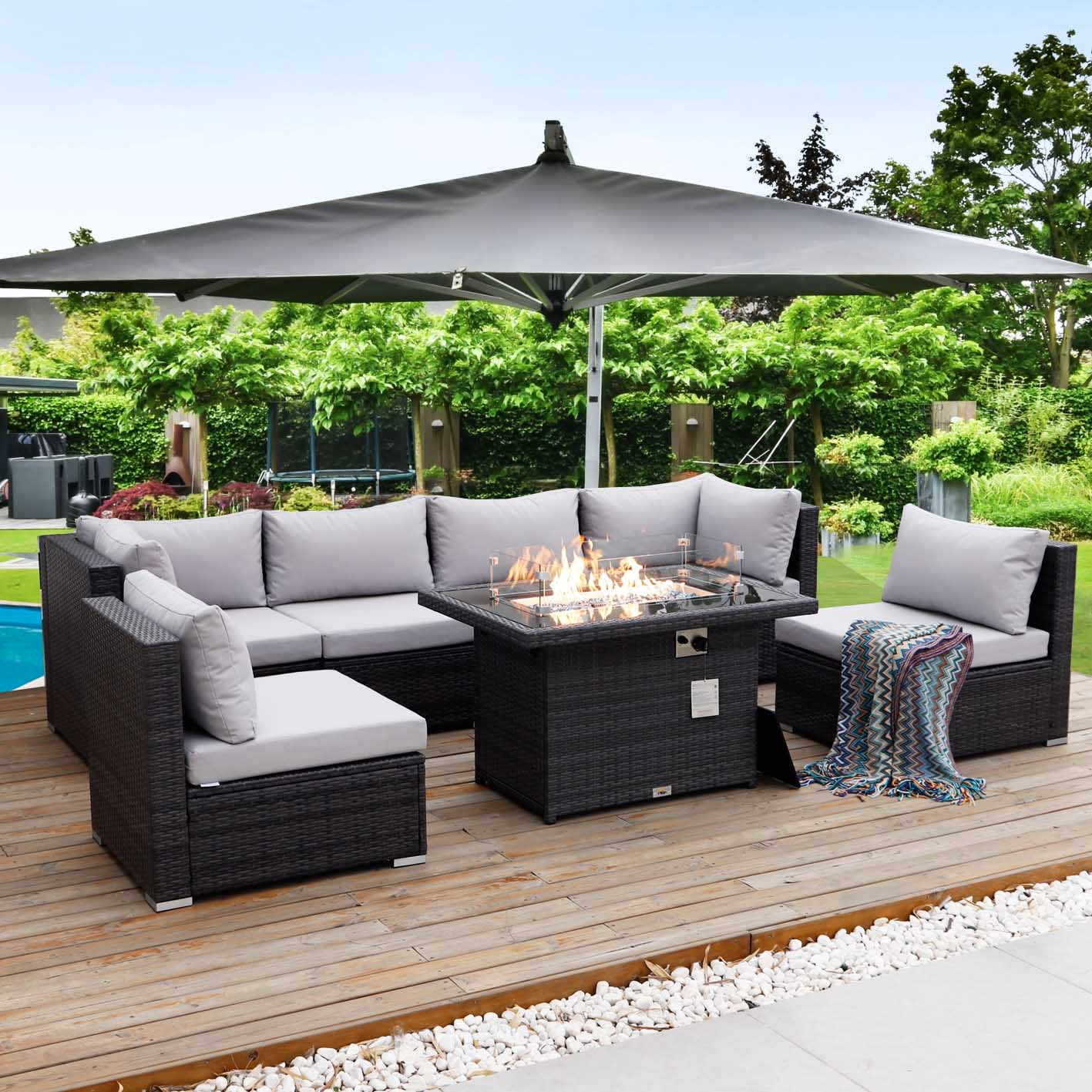 NICESOUL 7 Pcs Outdoor Furniture with Fire Pit Table, Wicker Patio