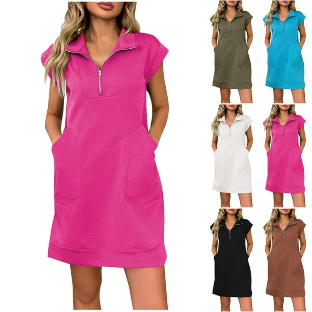 CFLVAEK Robes pour Femmes Grande Taille Décontractées à Fermeture Éclair Robe T-Shirt avec Poches Confortable à Manches Courtes Robe Midi Couleur Unie Robes d'Été 2025 Noir m