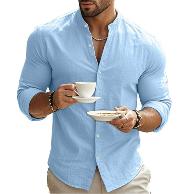 pstuiky camisetas de manga larga para hombre, Camisas casuales de lino a la moda para hombre, de color liso, con botones y cuello alto, de manga larga tops de invierno para hombre m