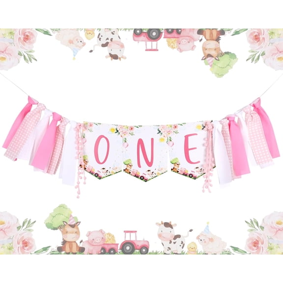 Pink Farm High Chair Banner for 1st Birthday Girl - Farm Themed First Birthday Party Decorations with Fabric Garland, One Year Old Baby Birthday Photo Props Souvenir Gifts, Barnyard Party Supplies