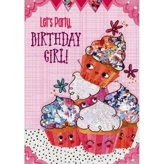 Designer Greetings Five Cupcakes with Smiley Faces Tri Fold Juvenile : Kids Birthday Card with Sticker Sheet for Young Girl