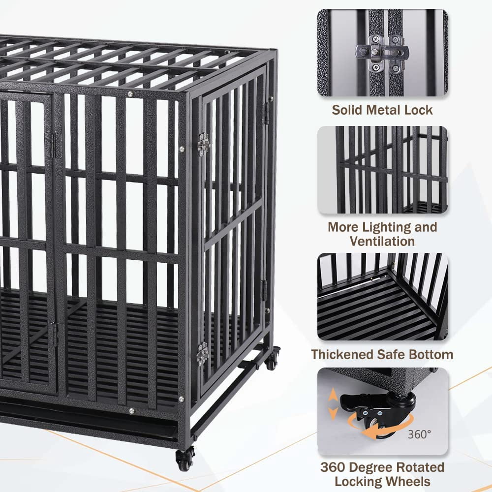 SMONTER Heavy Duty Dog Crate-42 inch Large Metal Dog Cage with 2 Doors and 4 Wheels, Stackable Dog Kennel for Large & Medium Dogs, Removable Tray