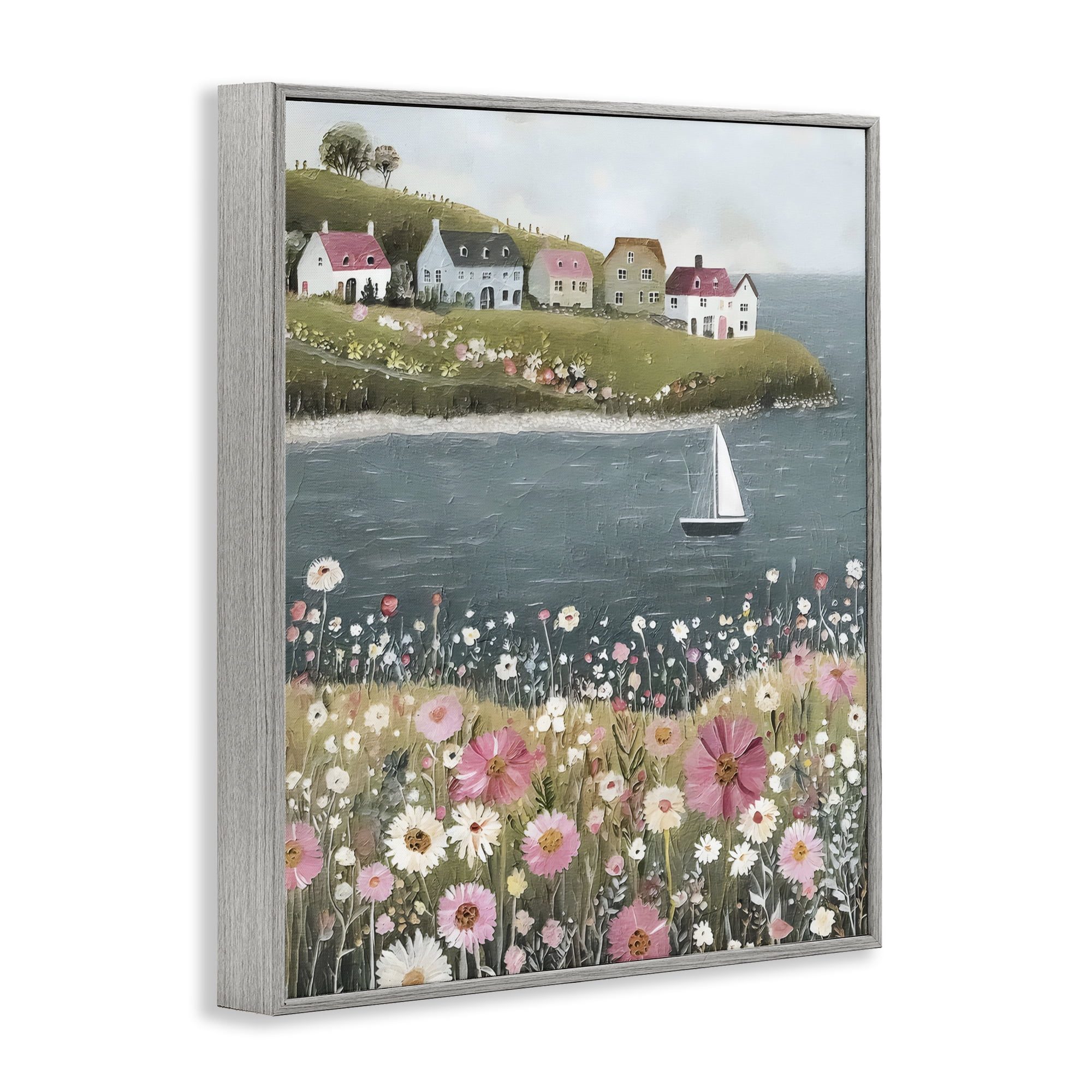 Stupell Industries Pink Meadow & Sailboats Gray Framed Giclee Art, design by Riley B