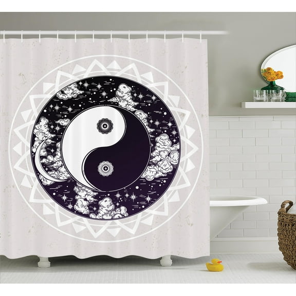 Ambesonne Peace Shower Curtain, Ying Yang Boho Art, 69"Wx70"L, Black White Beige