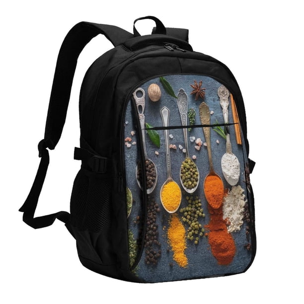 Easygdp Various Herbs And Spices In Spoons Mochila para Laptop de Viaje con Puerto USB, Mochila para Laptop con Puerto de Carga USB para Mujeres y Hombres