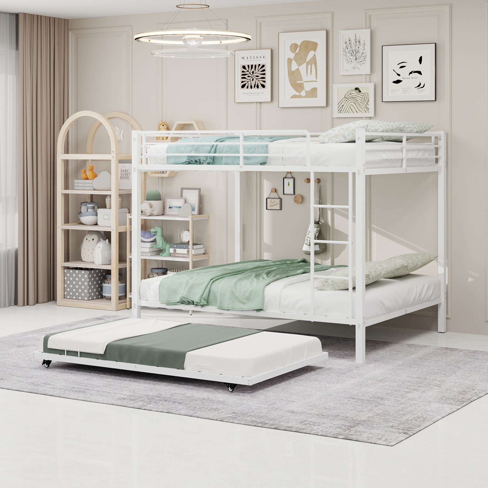 Leumius Triple Bunk Bed Full over Full with Trundle, Convertible Metal Bunk Bed Frame with Ladder & Safety Guardrail, Space-Saving for Teens and Adults,White
