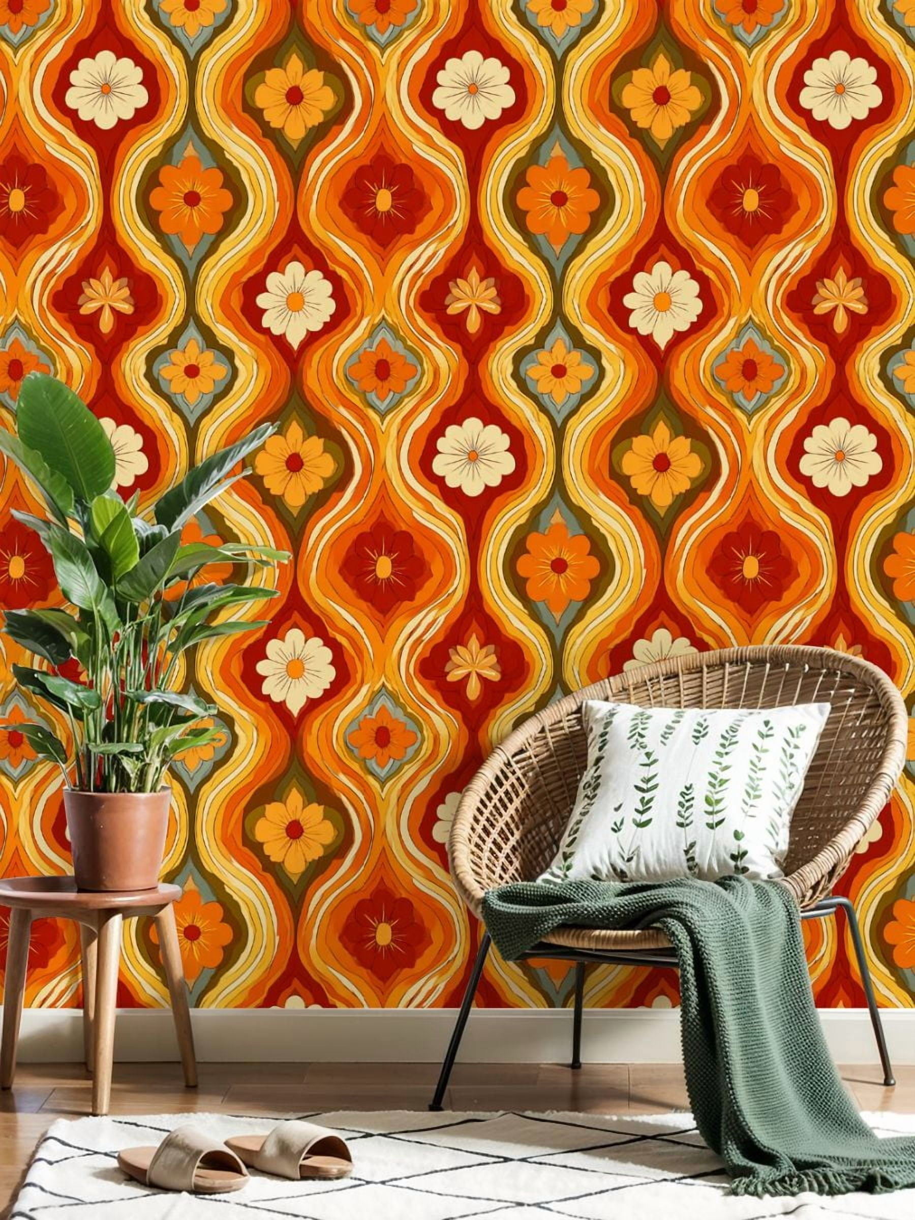 Vintage Peel and Stick Wallpaper Retro Floral Warm Tones Orange Red Yellow Wall Mural 17.7in x 9.8ft Self Adhesive Removable Wall Paper Renter Friendly Wallpaper for Nursery Bedroom Cabinets