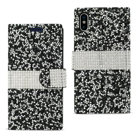 Crystal Magnetic Closure Iphone X Case, Diamond Rhinestone Crystal Bling Glitter Magnetic Closure Flip Wallet Case for -Iphone X -Black ? ()