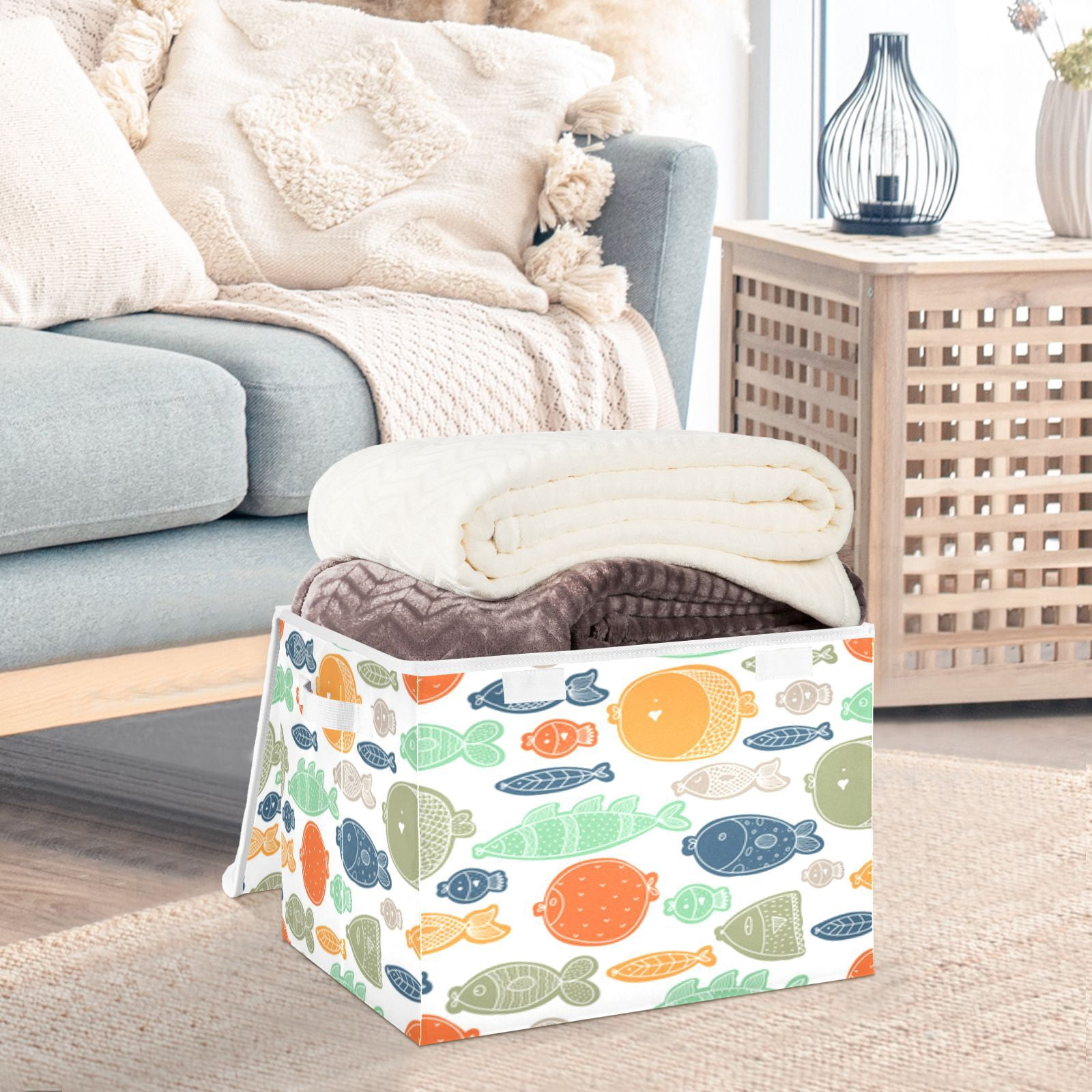 Cute colorful fish pattern Foldable Kids Toy Chest with Flip-Top Lid, Collapsible Fabric Toy Storage Organizer/Bin/Box/Basket/Trunk for Toddler