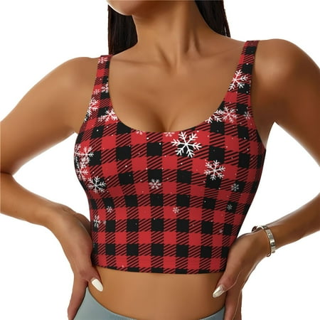 Qokaie Red Buffalo Plaid Pattern Womens Scoop Neck Sports Bra Breathable Workout Vest Padded U Back Medium Impact Fitness Gym Yoga Bra Workout Crop Top-XX-Large