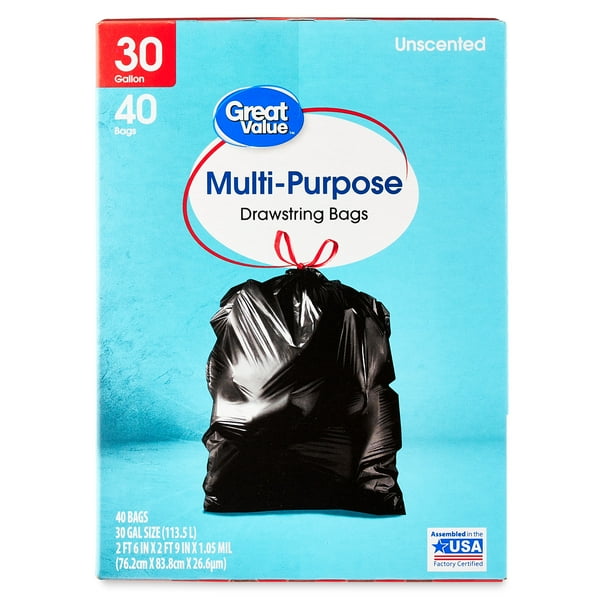 Great Value 30Gallon Drawstring Large MultiPurpose Bags, Unscented